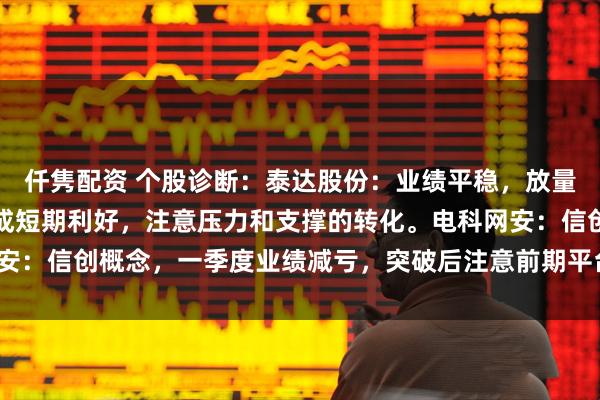 仟隽配资 个股诊断：泰达股份：业绩平稳，放量突破拉升，公司回购形成短期利好，注意压力和支撑的转化。电科网安：信创概念，一季度业绩减亏，突破后注意前期平台的压力（肖世金）